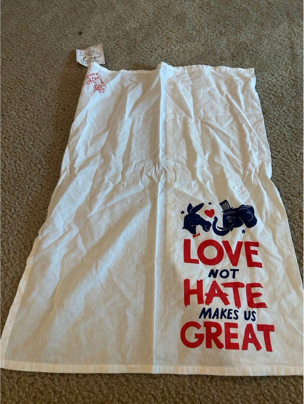 d28 Dish towel decoration white kitchen love not hate make us great